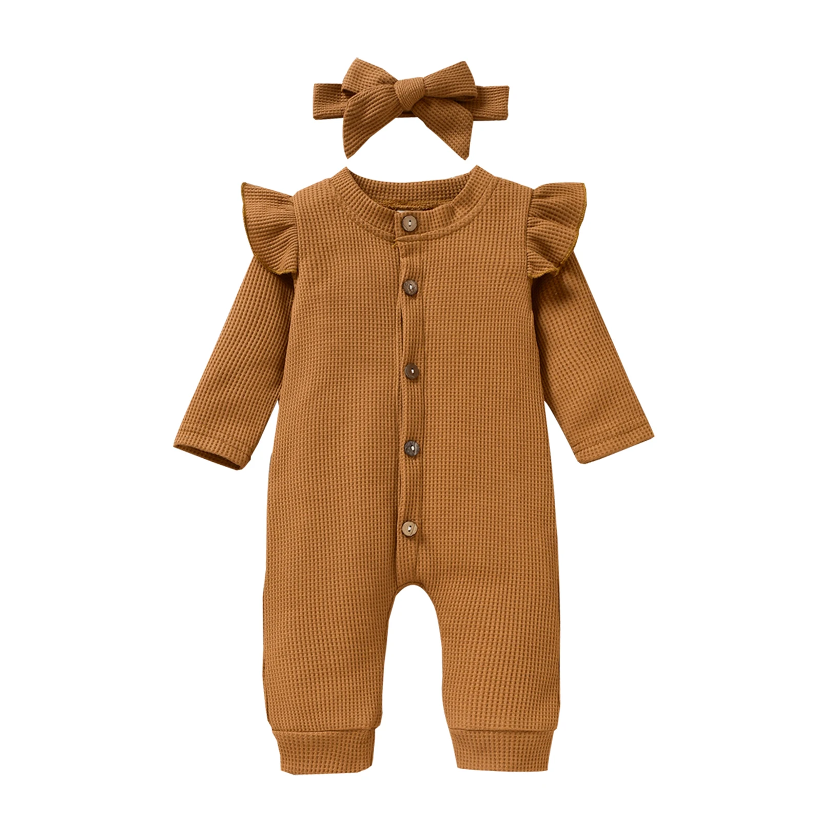 Cotton baby suit Infant Baby Girls Jumpsuit with Headband, Long Sleeve Button Closure Jumpsuit with Bowknot Hairband bulk baby bodysuits	 Baby Rompers