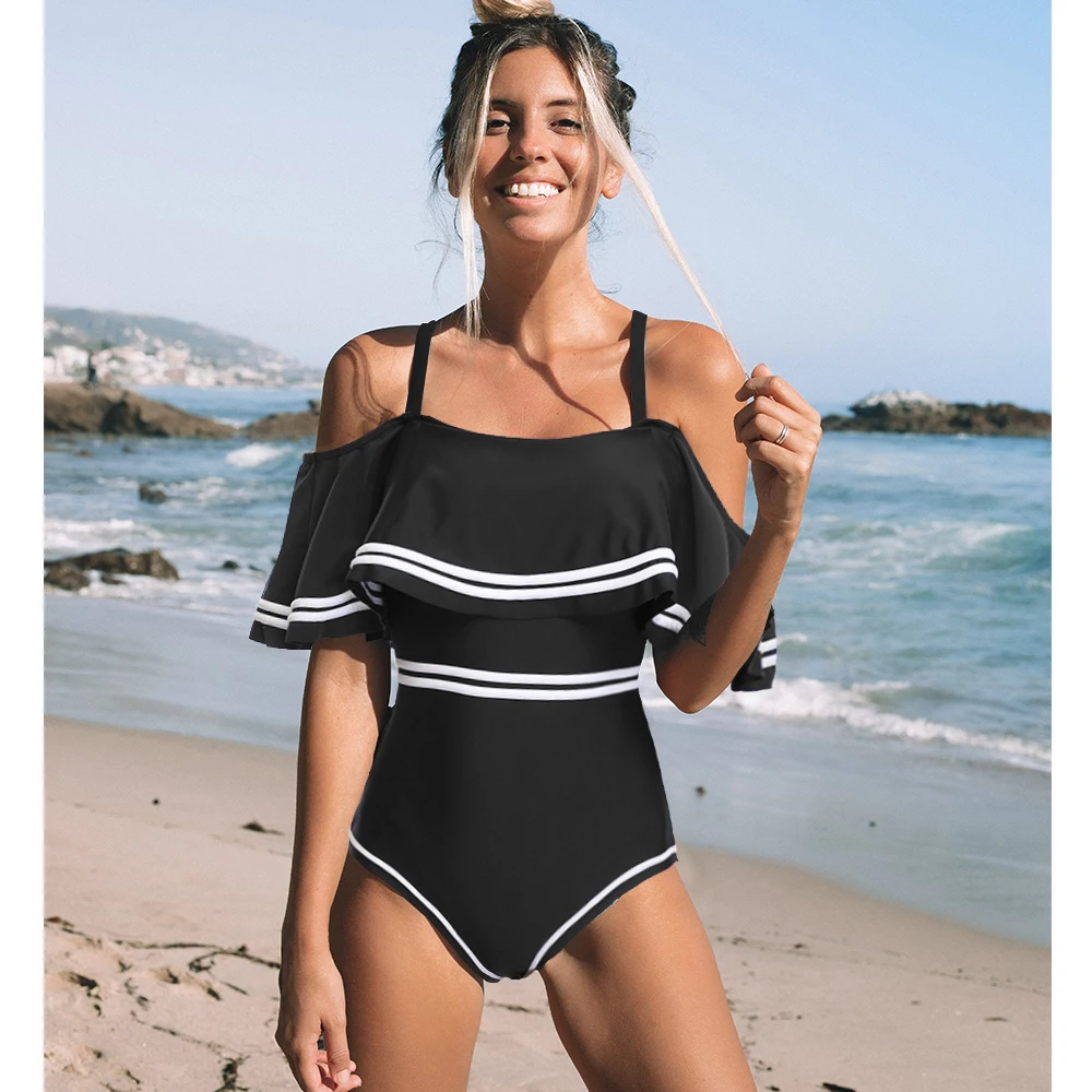 

2020 Ruffle Women One Piece Swimsuit Flounce Push Up Swimwear High Quality Monokini Bodysuit Vintage Bathing Suit Femme Bain