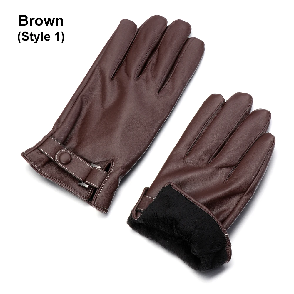 Brown Style 1 1 пара зимних теплых флисовых тепловых кожаных перчаток с сенсорным экраном, перчатки для вождения, мужские водонепроницаемые ветрозащитные черные перчатки - Цвет: Brown Style 1