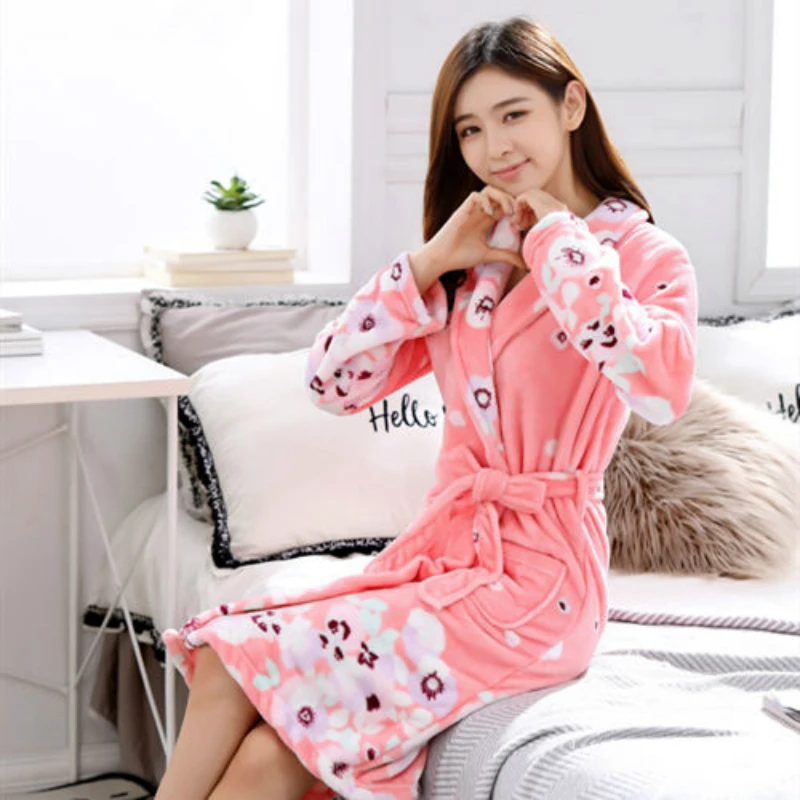 Women Robes Flannel Winter Warm Thickening Homewear Lace Up Print Coral Fleece Soft Comfortable Bathrobe Nightwear Ulzzang Loose