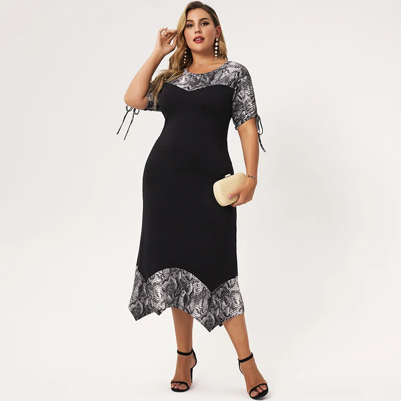 New Summer Dress Women 2022 Plus Size Black O-neck Short Bandage Sleeves Splicing Printing A-line Irregular Loose Casual Dresses |