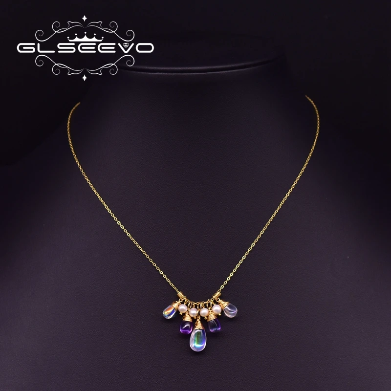 

GLSEEVO Fresh Water Pearl Natural Crystal Pendant Necklace For Women Wedding 925 Silver Statement Necklace Fine Jewelry GN0189
