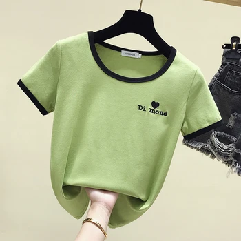 

Avocado green T-shirt female short-sleeved summer new cultivate one's morality show thin embroidery big letter U joker coat