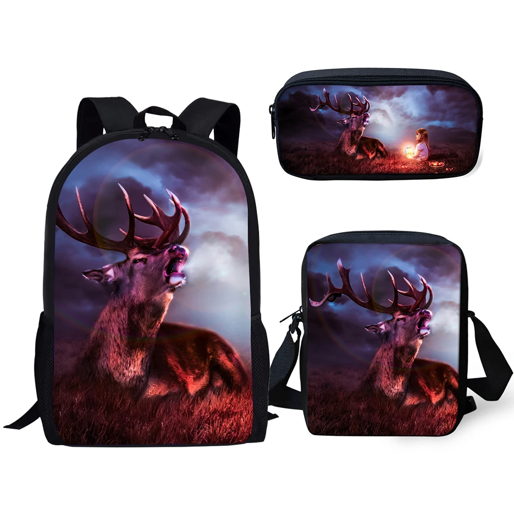 

HaoYun 3PCs Set Kids School Backpack Art Fantasy Deer Pattern School Book Bags Kawaii Animal Students Backpack/Flaps Bag/Pen Bag
