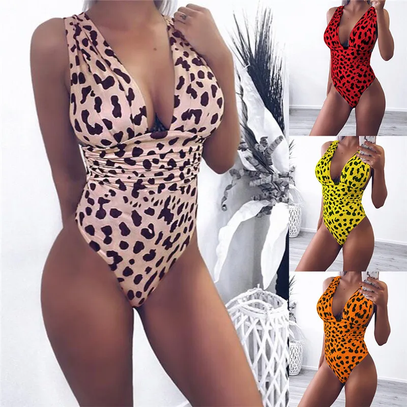 

Women Wrinkle Leopard One Piece Bikini 4 Color Deep V Brazilian Monokini Swimsuit Swimwear Beach Swim Suit Bathing Wear Tankini
