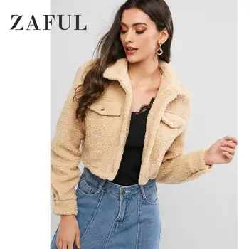 

ZAFUL Fluffy Snap Button Teddy Cropped Jacket Full Sleeves Turn-down Collar Wide-waisted Short Tops Winter Daily Women's Jacket