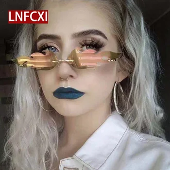 

LNFCXI Vintage Cat Eye Fire Flame Sunglasses Women Men Rimless Wave Sun Glasses Eyewear Narrow Pink Glasses Streetwear