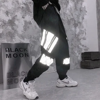 

Women Harajuku Black High Waist Cargo Pants Reflective hip-hop Loose Solid Pockets Elastic Waist Trousers Bottoms