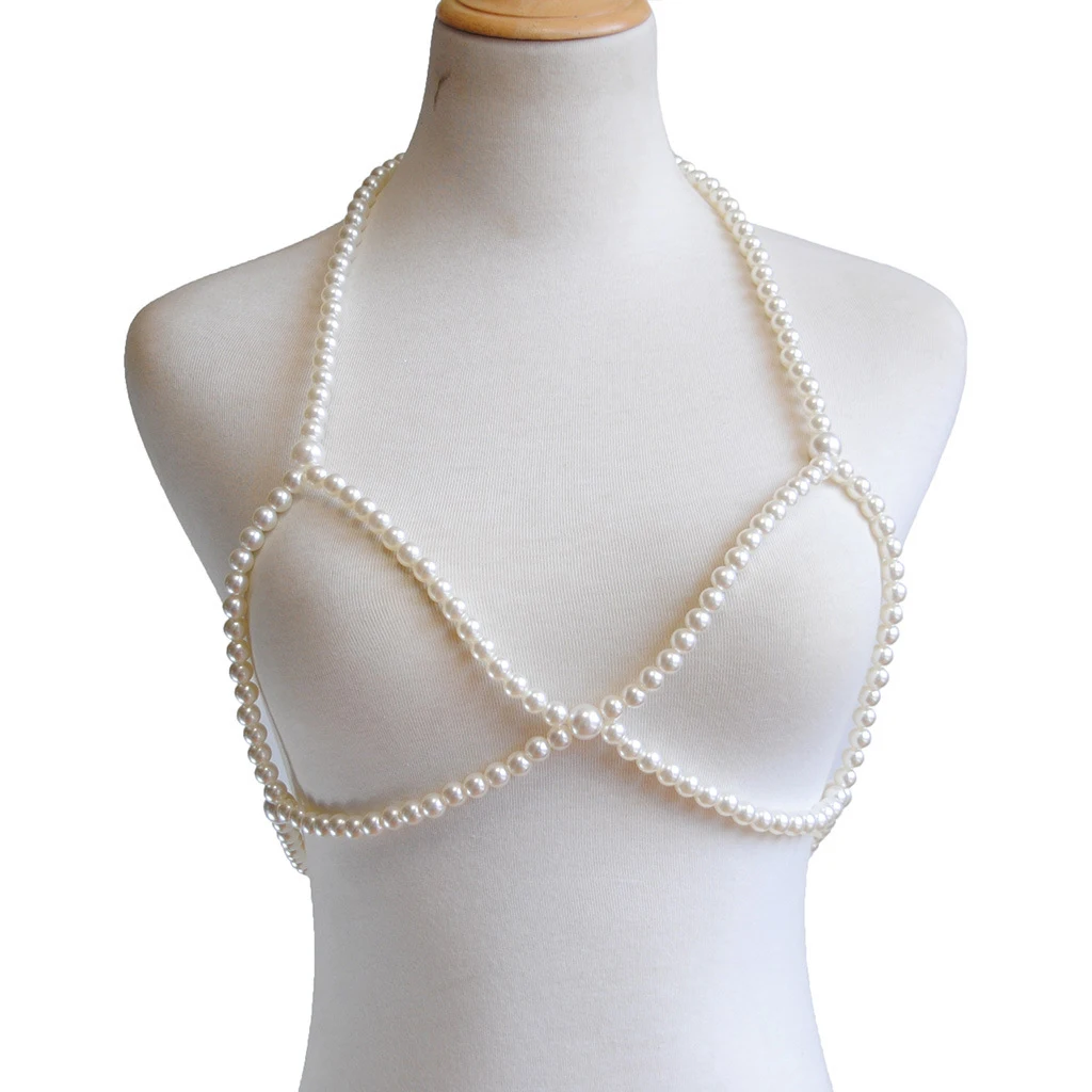 Adjustable Faux Pearl Bikini Bralette Harness Necklace Crossover Body Chain Bra Lady Statement Jewelry for Women Ladies