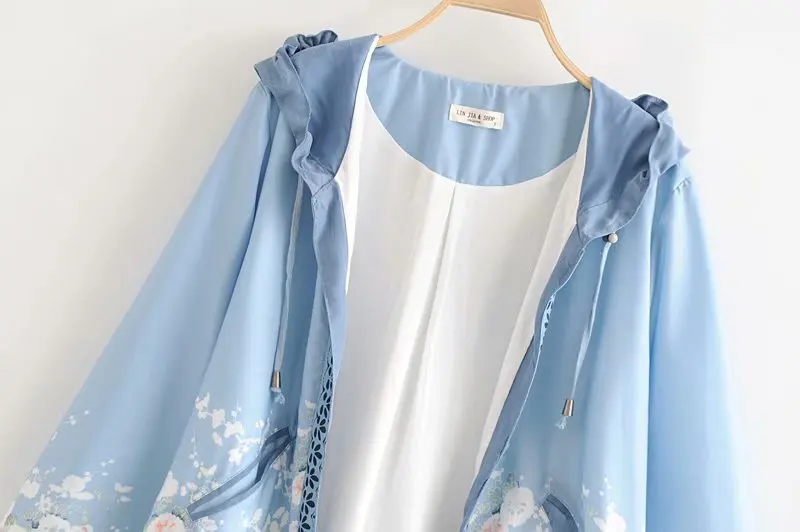 

Ozhouzhan WOMEN'S Dress-Style Positioning Printed Blue Jacket Kimono Sleeve Loose-Fit Hooded Coat Women's 013727