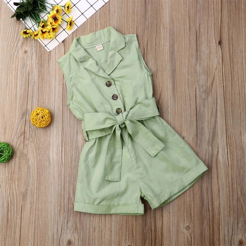 New Summer Kids Baby Girls Formal Clothes One-Pieces Sleeveless Button Bandage Romper Jumpsuit Overalls Outfits