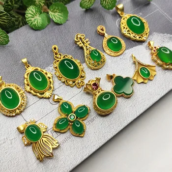 

Chinese Inlay Gold-plated Chalcedony Agate Pendant Necklace DIY Accessories Jewellery Fashion Hand-Carved Woman Amulet