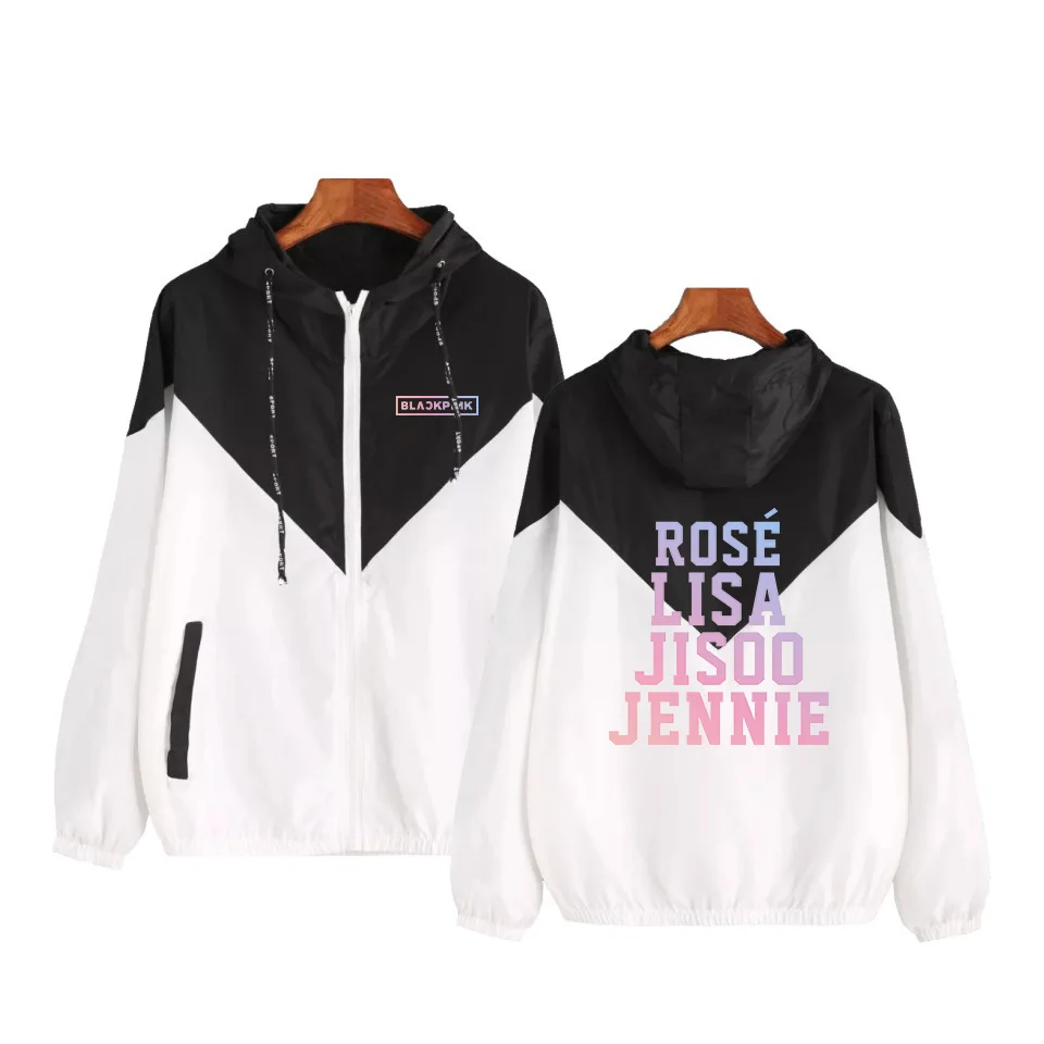 

Letter print Women Basic Jackets Female Zipper Pockets Casual Long Sleeves Coats Autumn Hooded Jacket Two Tone Jacket