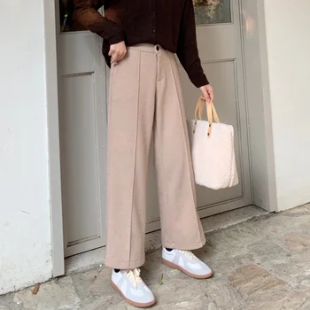 

Women Wide Leg Pants Autumn Winter Plus Size Bottom Female Knitted woolen thick Ankle-Length Trousers Q1091