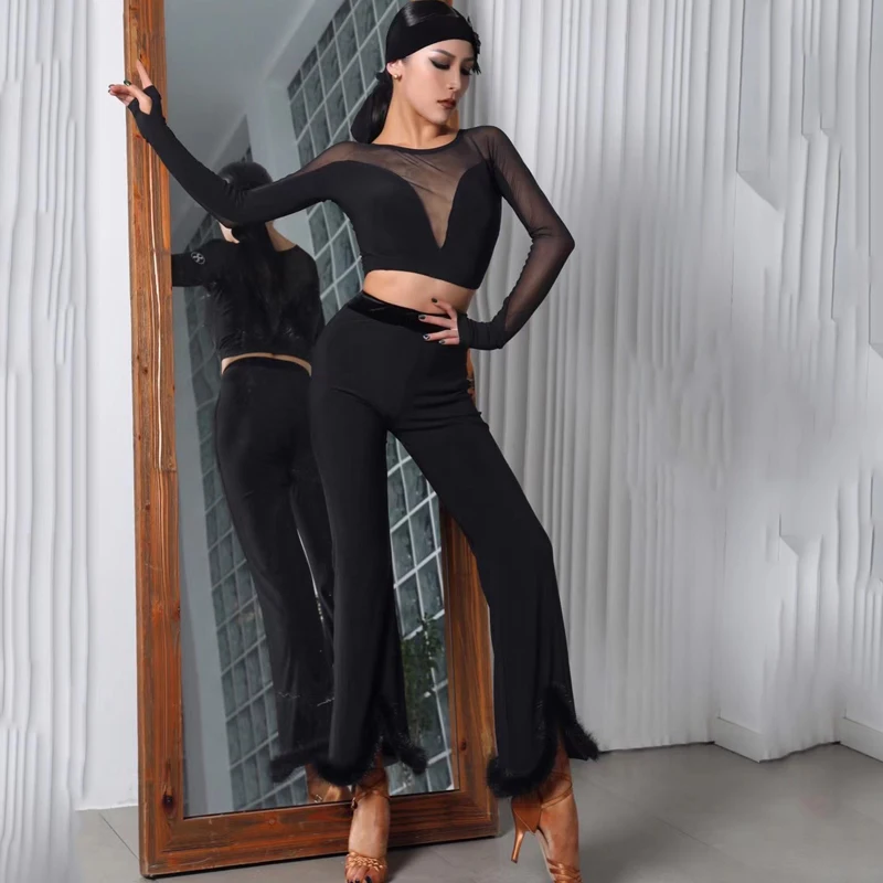 

High-End Women Latin Dance Performance Costumes Black Tops Bell-Bottomed Pants Latin Practice Clothes Ballroom Latin Clothing