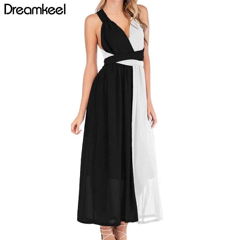 

Women Elegant Dress Black White Patchwork V Neck Long Party Dresses Chiffon Bohemian Splice Sleeveless Dresses Sexy Y
