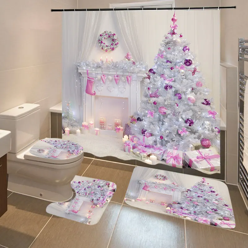 

10 Types Waterproof Bathroom Shower Curtain Christmas Backgdrop Snow Printing Bath Curtain Toilet Cover Mat Set Non-Slip Rugs