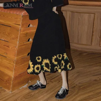 

LANMREM 2020 Autumn New Elastic Waist Loose Vintage Mid-calf All-match Black Floral Print Skirt For Women Fashion Tide 2A1786