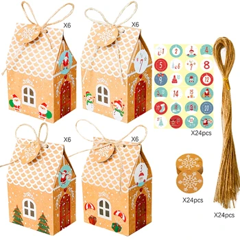 

24 Sets Christmas House Gift Box Kraft Paper Candy Bag Snowflake Tags Stickers