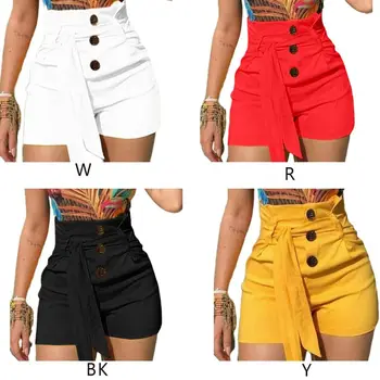 

Womens Summer Plus Size High Waist Shorts Button Down Belted Lace Up Solid Color Skinny Beach Pants Casual Night Clubwear S-5XL