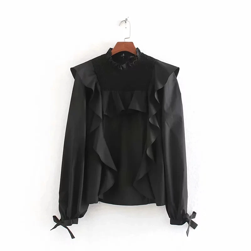 Английский стиль, элегантная, простая, черная, Каскадный бант, za blusas mujer de moda,, кимоно, блузка для женщин, топы, блузка размера плюс