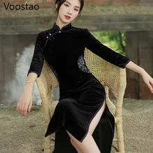 Robe Cheongsam en velours de Style chinois pour femme, tenue de soirée élégante avec broderie florale, collection printemps et automne