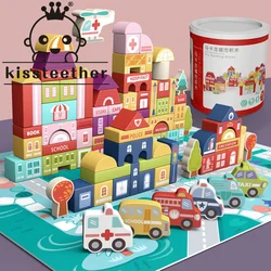 Kisteether bloques de construcción de tráfico urbano para niños y niñas, juguetes de construcción de madera para niños, montaje de educación temprana