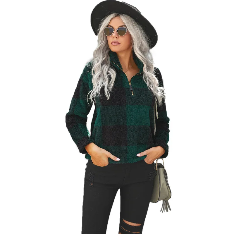 Women's Sweater 2021 New Autumn and Winter Plaid Printed Zipper Half Cardigan Casual Plush