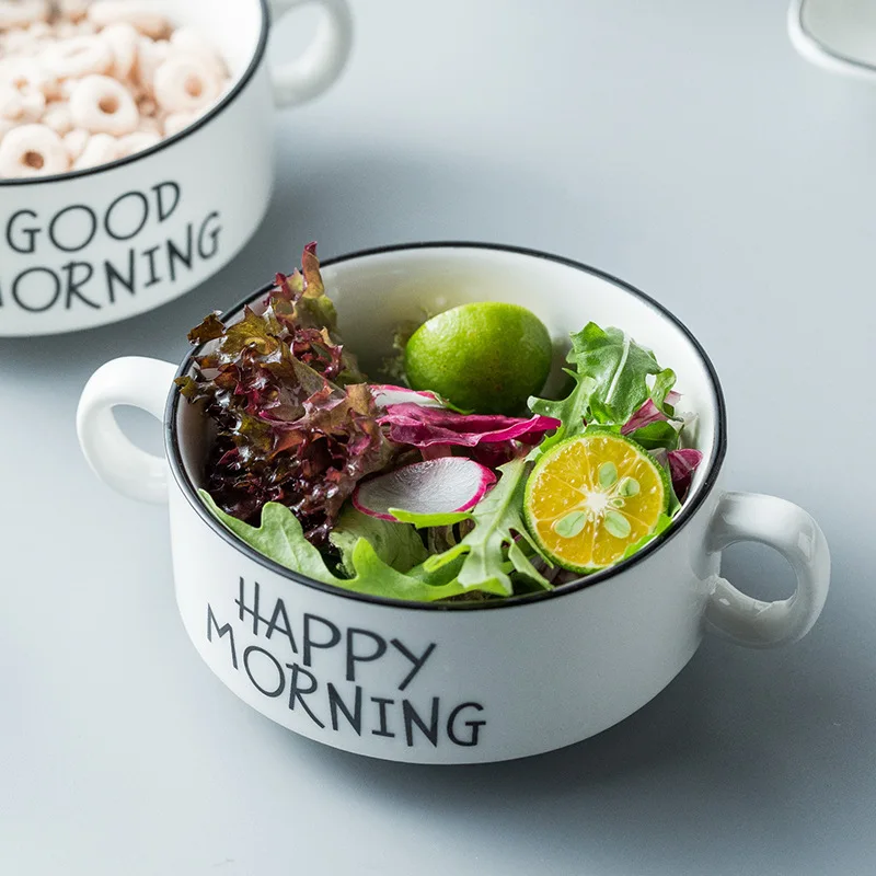 

Children Circle Breakfast Bowls Household Tableware Dessert Bowl White Ceramic Double-Ear Bowl Cereal Heat Resistant Rice Bowl