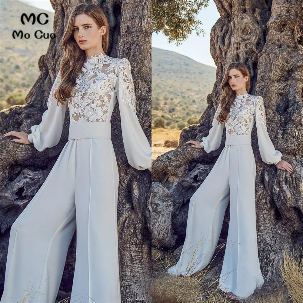 Elegant Wedding Jumpsuits High Neck Lace Long Sleeve Bohemian Wedding Dress Custom Made Pants Suit Beach Robes De Mariée (2)