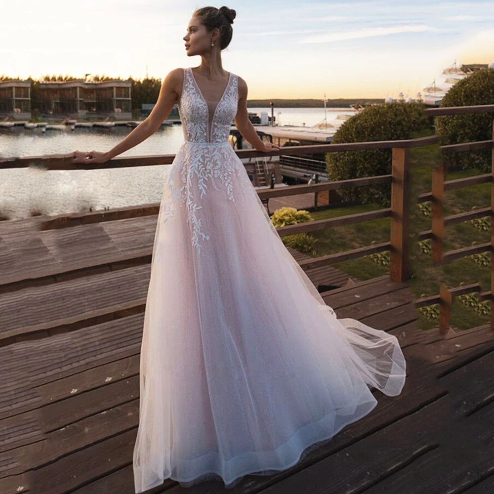 Robe Mariage светильник нежно-розовый тюль свадебное платье кружевной топ глубокий v-образный вырез без рукавов открытая низкая спина Линия Свадебные платья Sweep Trail