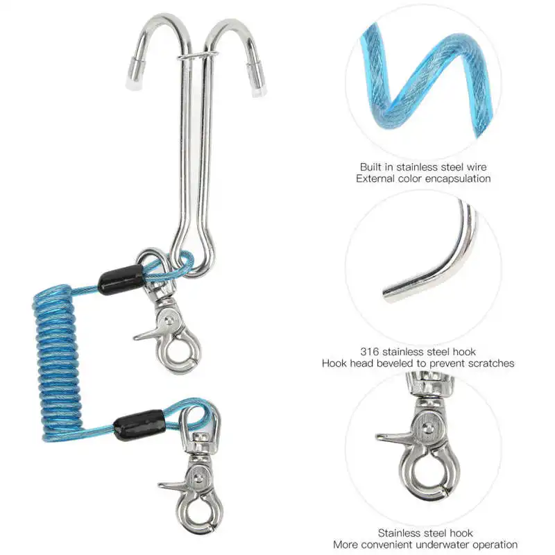 316 Stainless Steel Diving Current Hook Double Drift Hook Spiral Coil Lanyard Scuba Diving Accessories