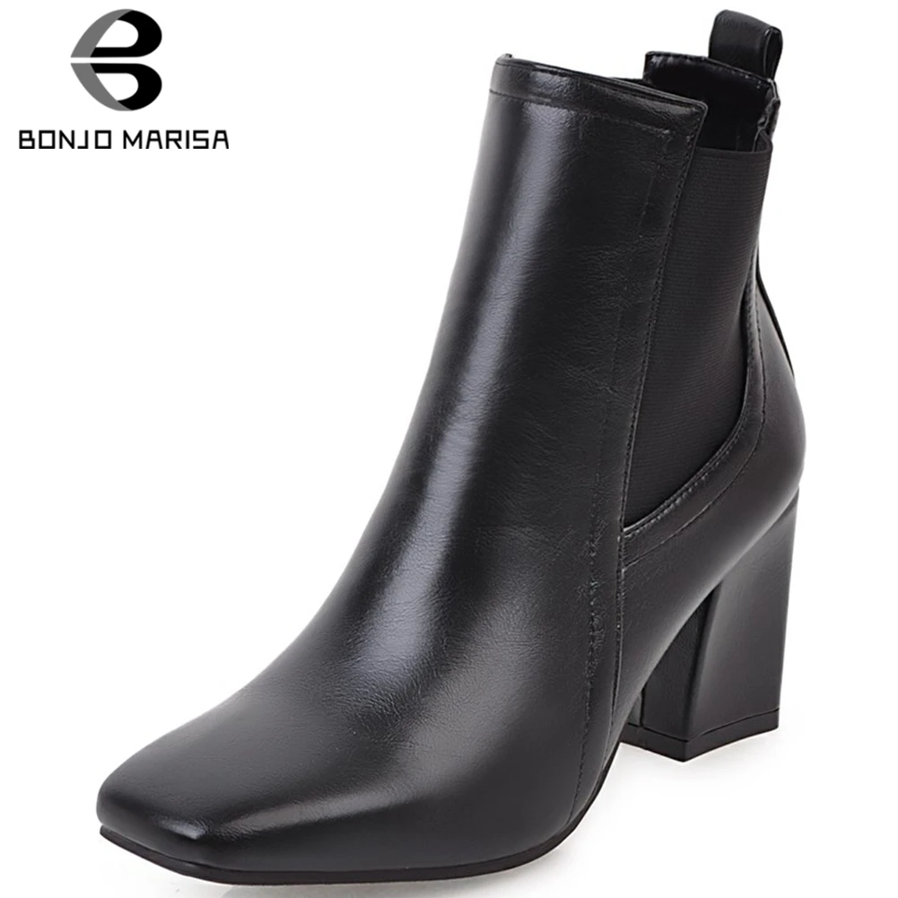 

BONJOMARISA New 32-43 Elegant Solid slip-on Ankle Boots Women 2020 Brand Square Toe Boots Ladies High Heels Shoes Woman