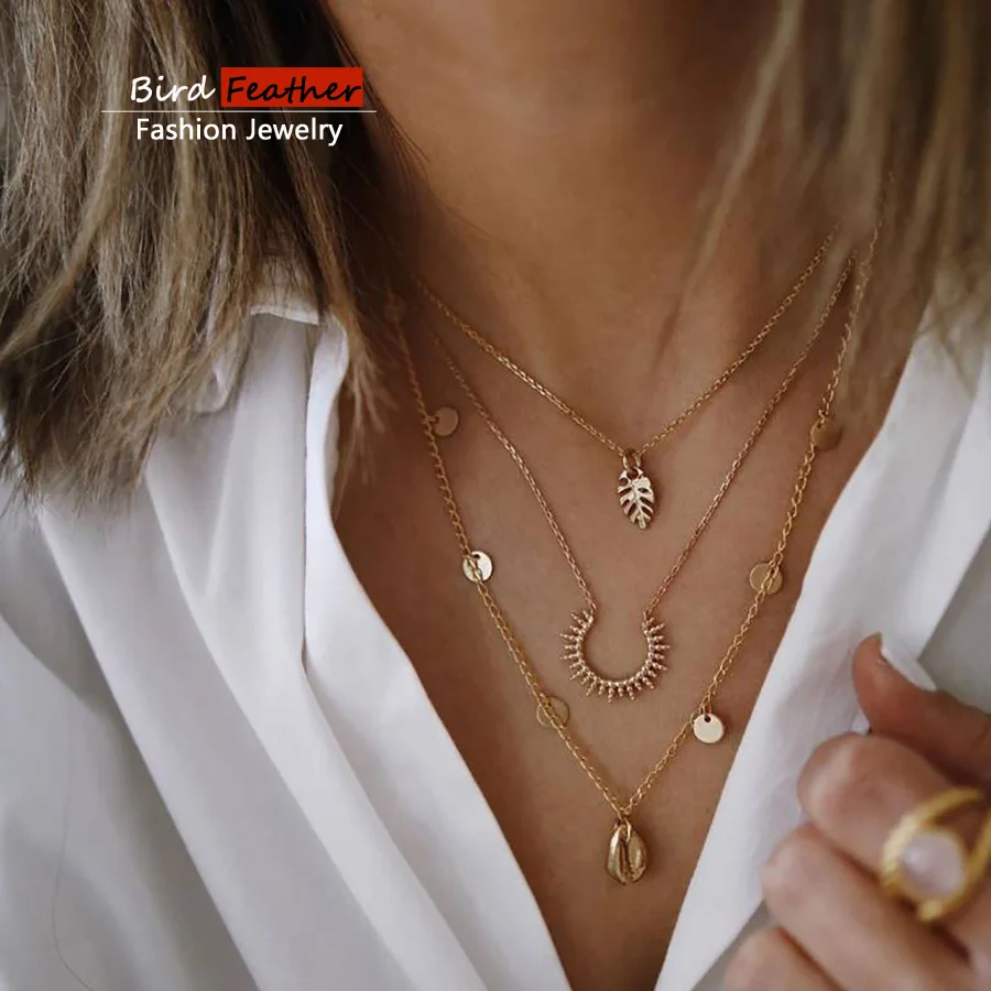 

Gold color Choker Necklace for women 3 Layers leaf shell moon Pendant Chain Necklaces & Pendants velvet chokers Fashion Jewelry