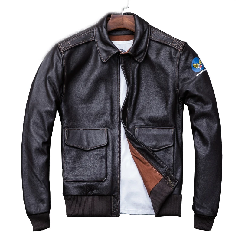 

A2 AMEKAJI leather flight suit jacket head layer cowhide leather men brief paragraph baseball uniform lapel coat