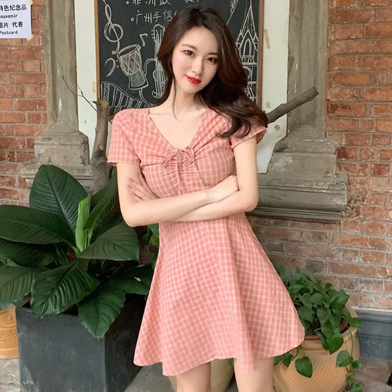 

Fashion Female Print Dress Women Lace Up Slim Dress Short Sleeve V Neck Summer Dress