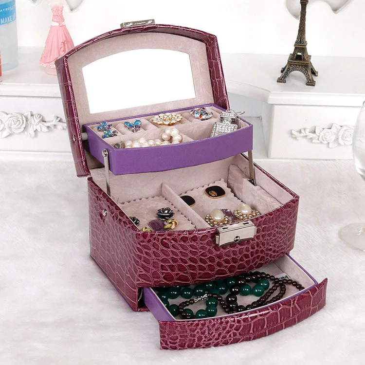 

Korean-style Leather Automatic Buckle Crocodile Pattern Jewlery Box Three Layer Multi-Capacity Storage Jewelry Box Cosmetic Case