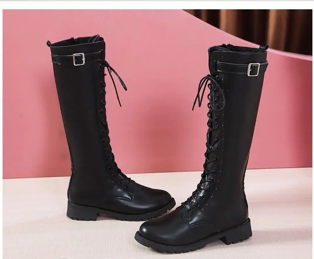Classic Fashion Black Buckle Strap Long Boots Winter Lace-Up Shoes Women High-Heeled Women Knee-High Long Tube Zipper Boots