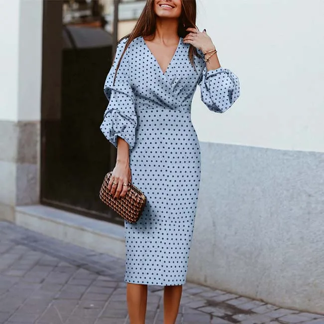 Polka Dot Bohemian Midi Dresses for Women Lantern Sleeve Spring Summer Beach Dresses Three Quarter Sleeve V Neck Party Vestidos