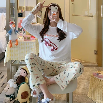 

XIZOU Autumn Women Comfortable Cute Pajama Set Girl Print Pyjama Set Long Sleeve Sleepwear Suit Women Nightshirt Sets