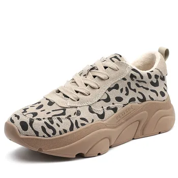 

Brand Plush Women Sneakers Leopard Flat Heel Trainers Shoes For Female Lace Up Shoes Keep Warm Ladies flats running shoes YY-26