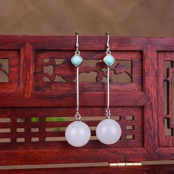 

Wholesale New Xinjiang White Jade Round Bead Earrings Women's S925 Silver Inlaid Antique Earrings Turquoise Earrings Set