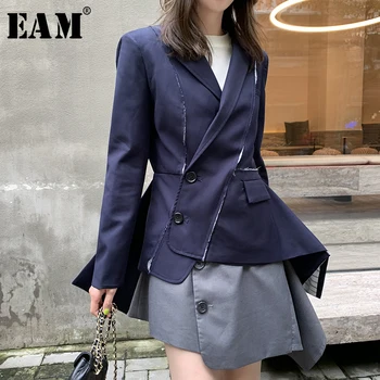 

[EAM] Women Asymmetrical Contrast Color Long Blazer New Lapel Long Sleeve Loose Fit Jacket Fashion Spring Autumn 2020 1R377