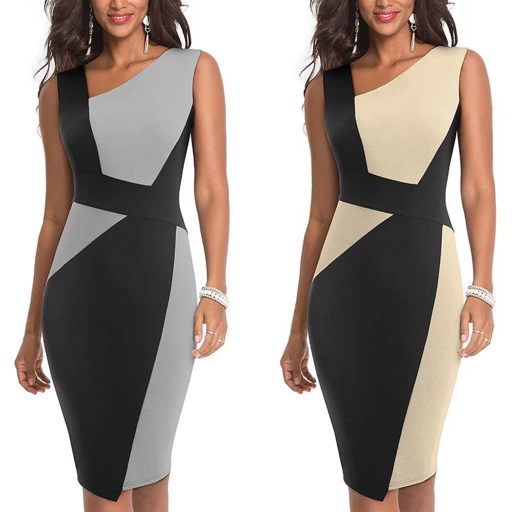 Goedkoop Vintage Vrouwen Patchwork Asymmetrische Kraag Jurk Elegante Casual Werk Office Schede Slanke Jurk EB517