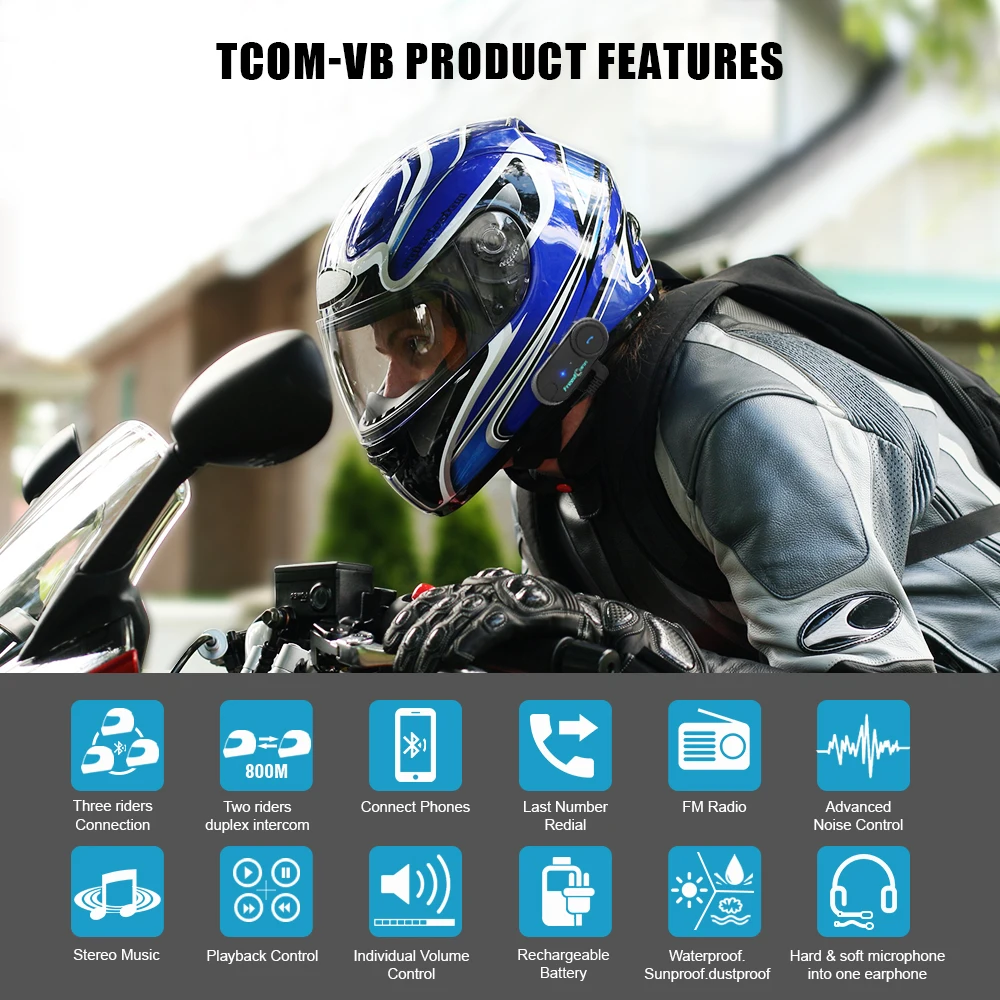 T-COM VB 800M FM Motorcycle Intercom Bluetooth Headset Helmet Interphone 3 Rider