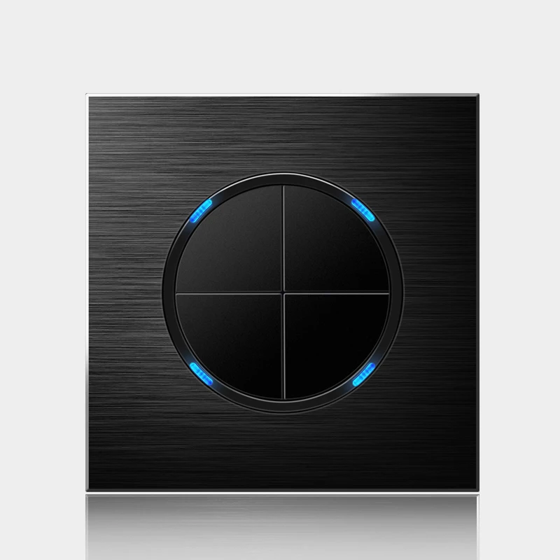 

Luxurious 4 Gang 1 Way Random Click On / Off Wall Light Switch With LED Indicator Black Aluminum Metal Panel