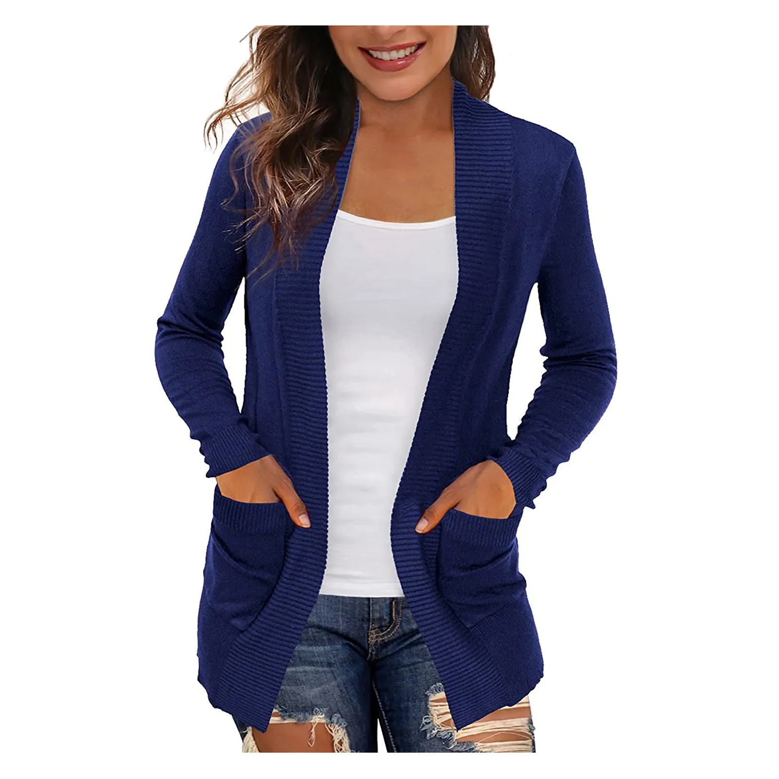 Women's Solid Color Slim knitting Cardigans With Pockets Female Casual Lightweight Open Front Cardigan Sweaters Coats 2