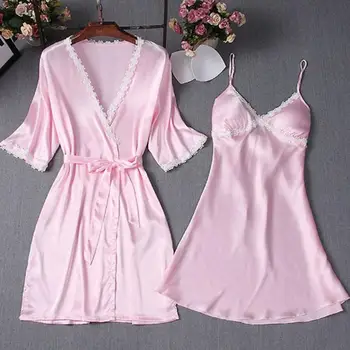 

Women Casual Sleepwear Robe Dress Plus Size Solid Color 3/4 Sleeve Lace Sexy Nightwear 2PC Camisa Noite Mulher 2019 New Hot Y