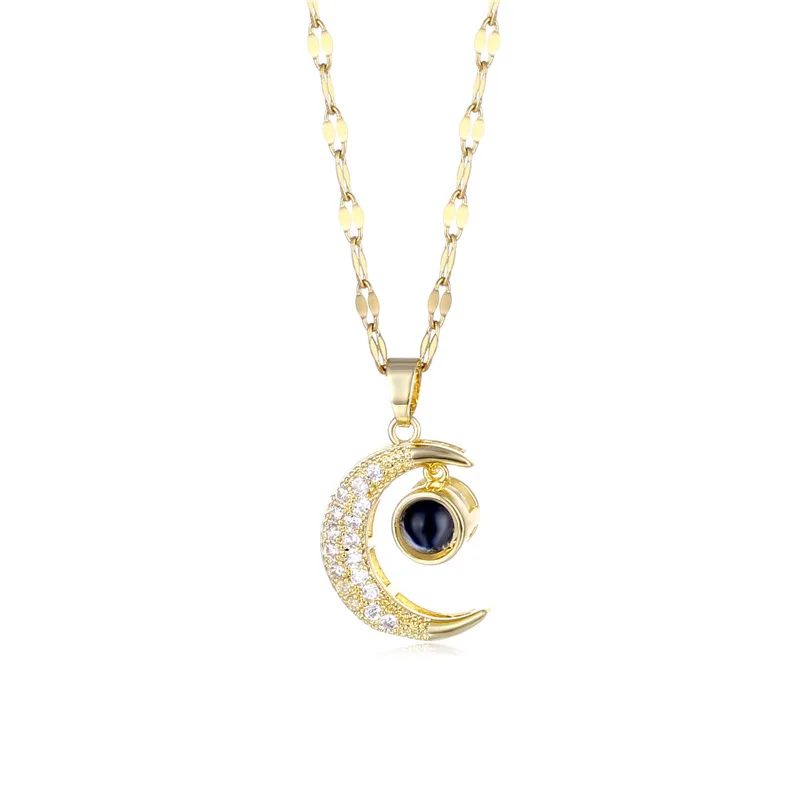 Dainty Crescent Projection Necklace For Women Gold Stainless Steel Lips Chains Moon Jewelry 100 Languages I Love You | Украшения и