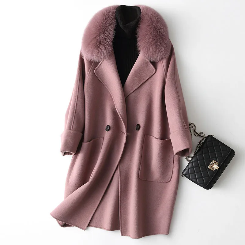 

2020 Fashion 100% Wool Coat Female Handmade Double Wool Coats Medium Winter Jacket Women Natural Fox Fur Collar WYQ1143